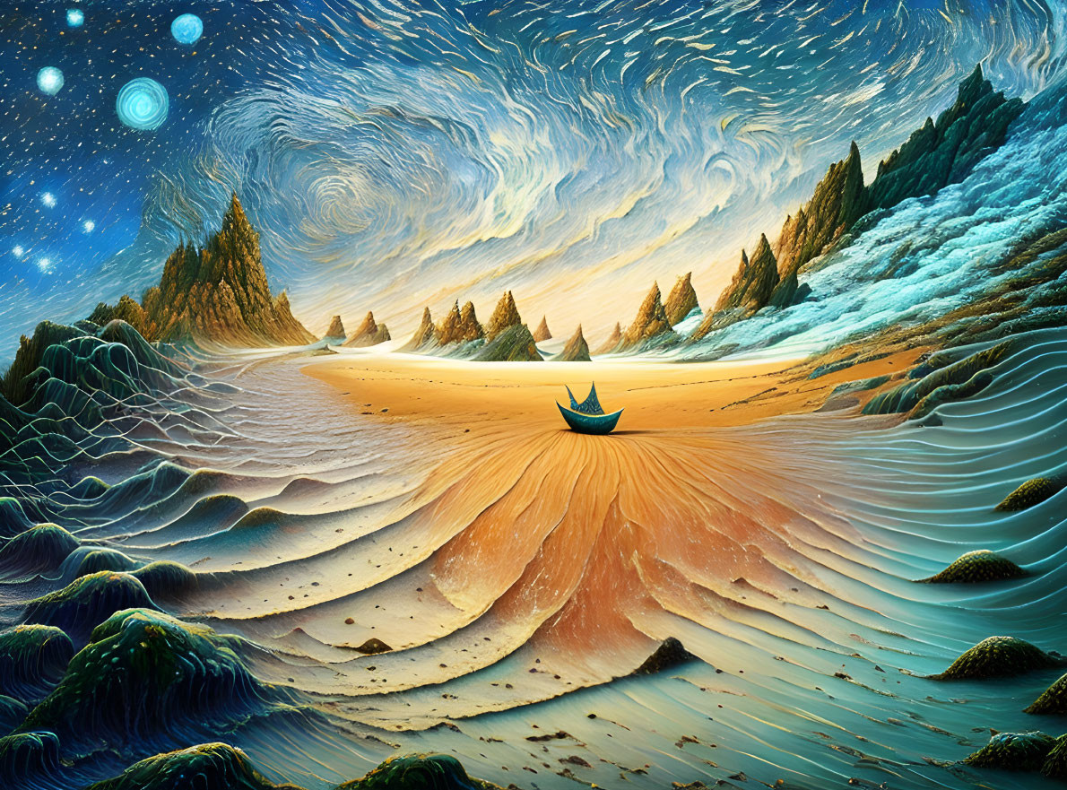 Surreal seascape with swirling patterns, boat on sand vortex