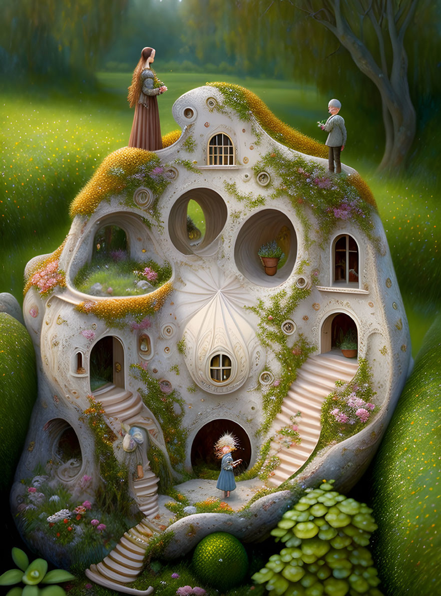 Fantasy house illustration in lush landscape with whimsical details