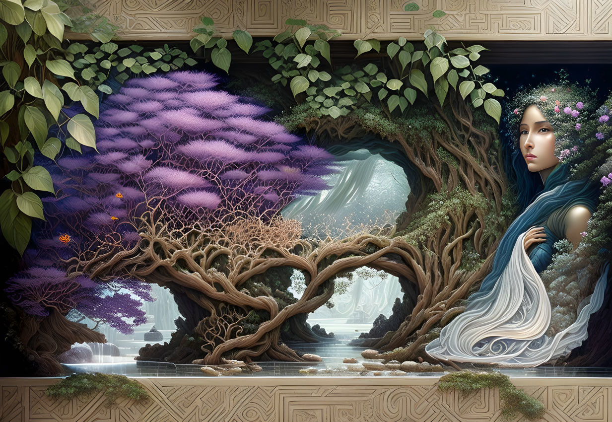 Fantasy illustration of woman in archway surrounded by intricate trees