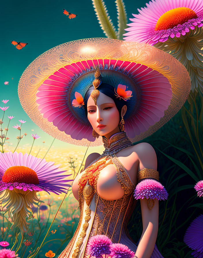 CGI illustration of woman in ornate attire with hat, surrounded by flowers and butterflies