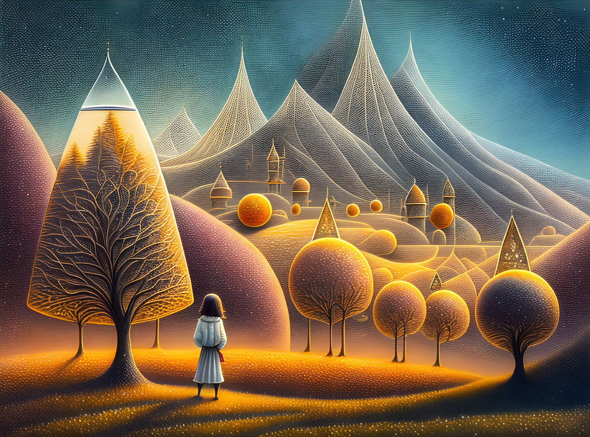 Surreal illuminated landscape with stylized trees and starry sky