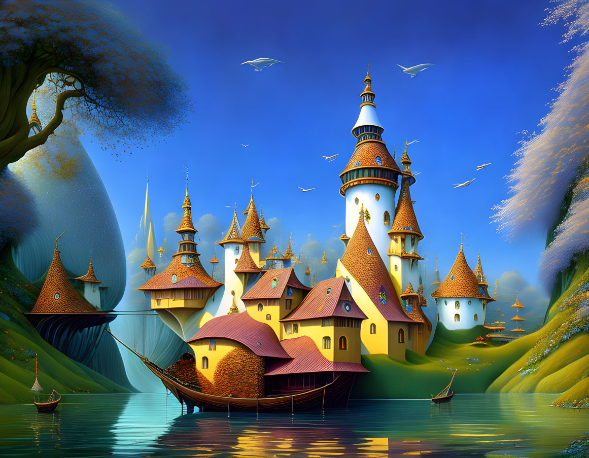 Whimsical castles and rolling hills in a fantastical landscape