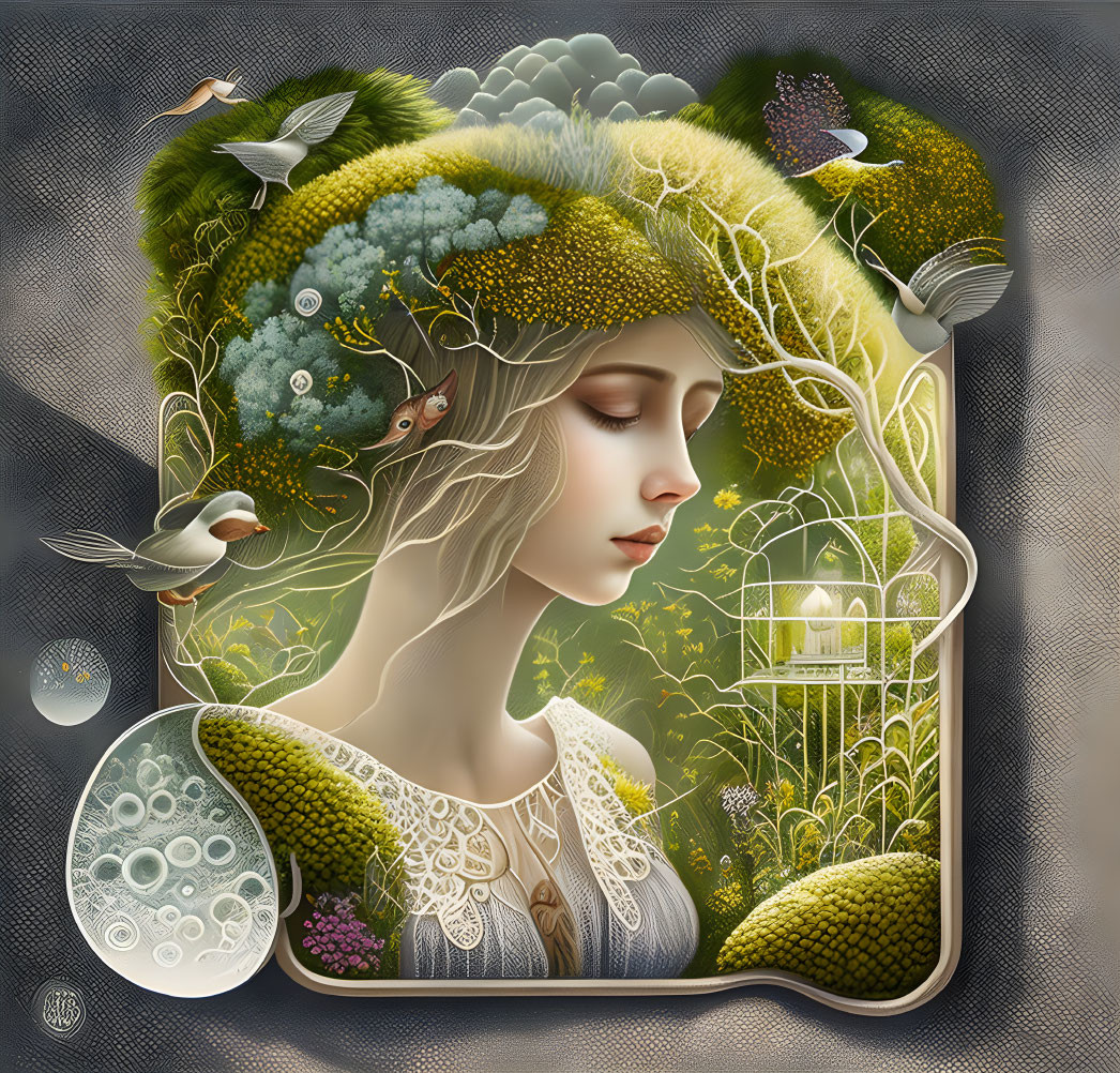 Woman with forest hair landscape, birds, and birdcage in circular frame