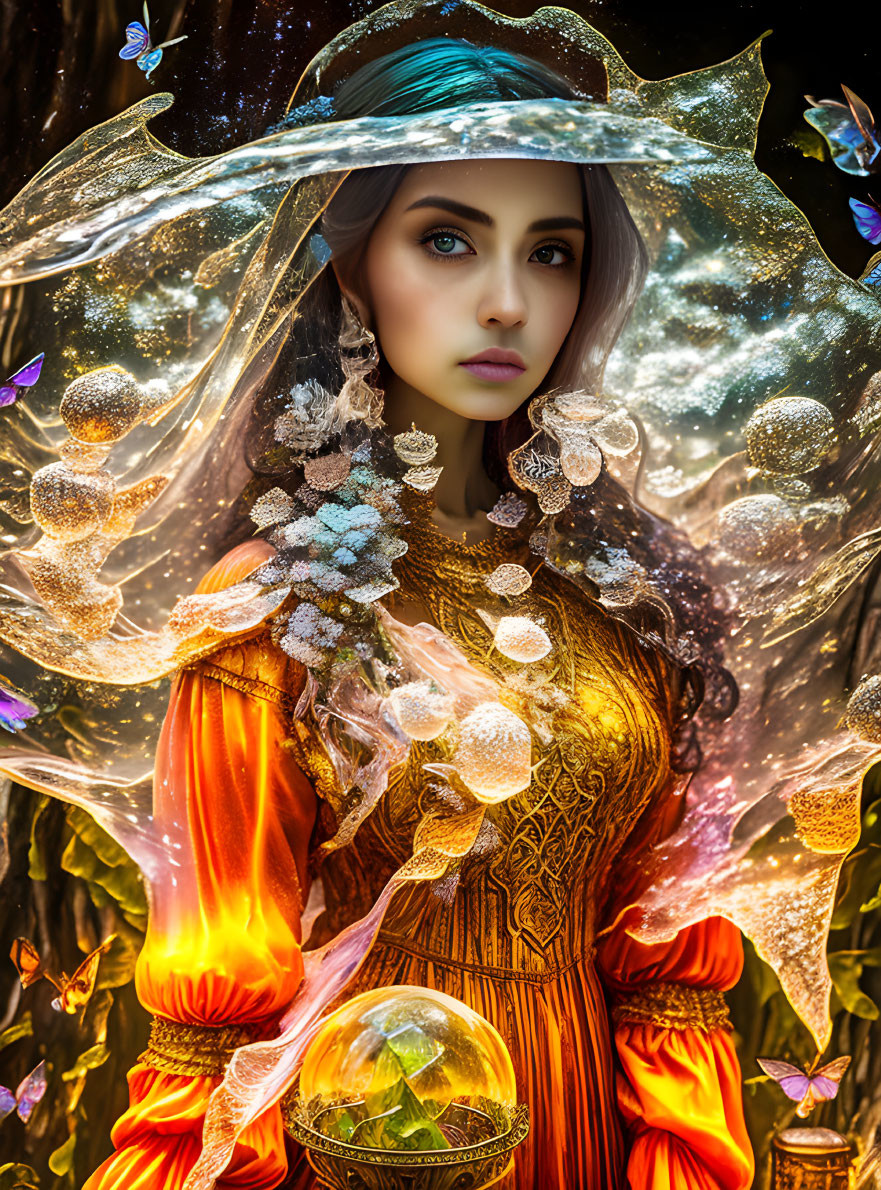 Vibrant orange dress woman with striking eyes, surrounded by butterflies and starry hat