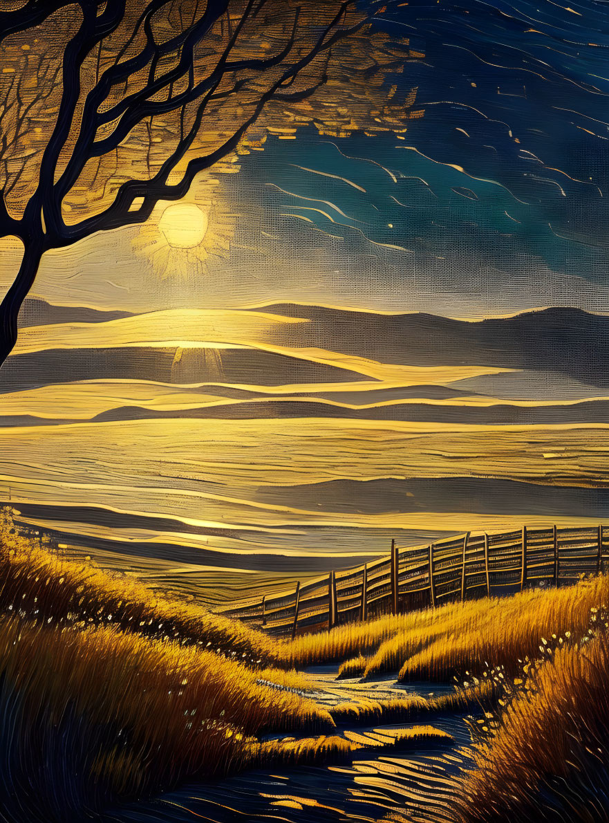 Stylized landscape painting with golden hues and serene ambiance