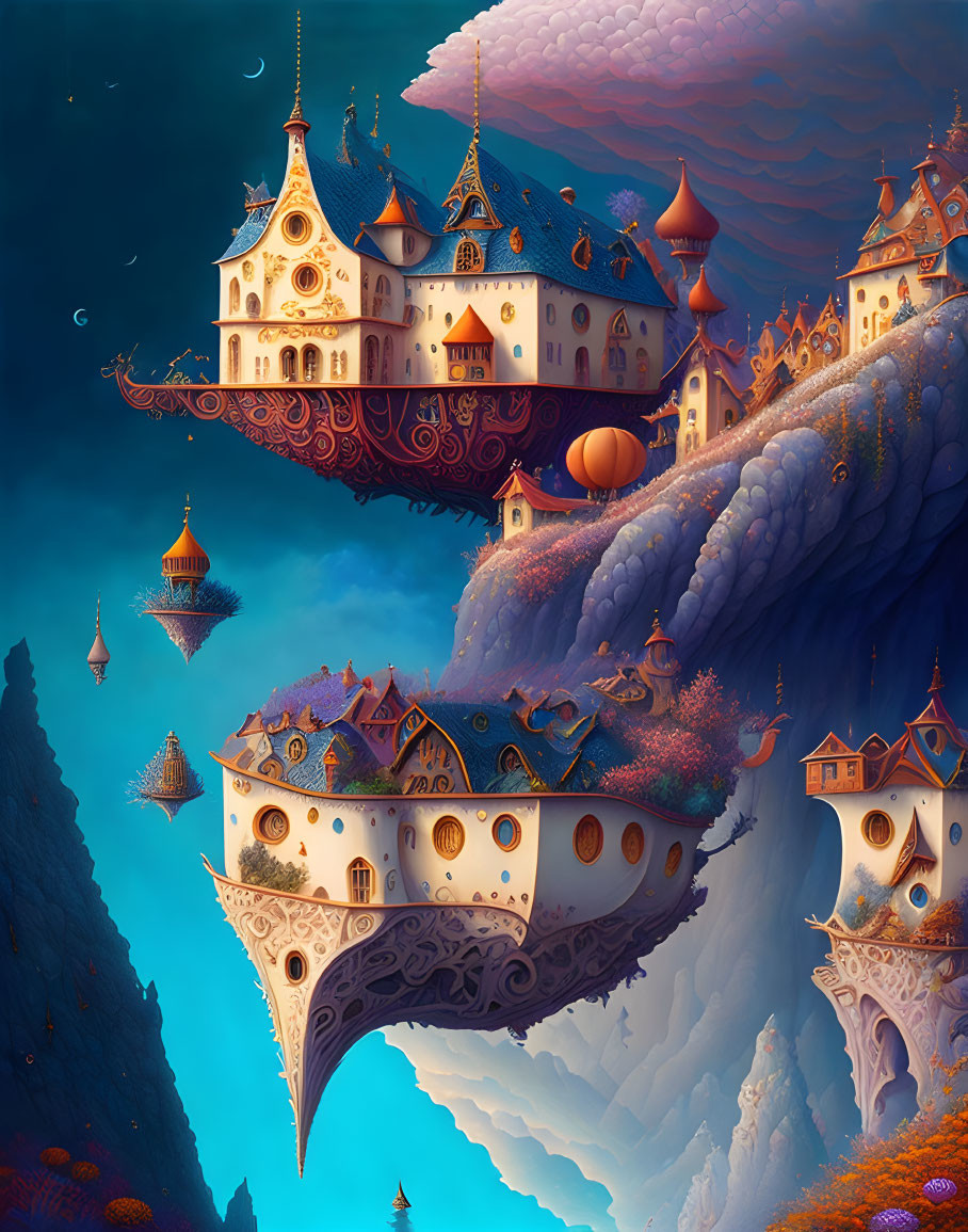 Surreal blue and orange sky over ornate floating islands