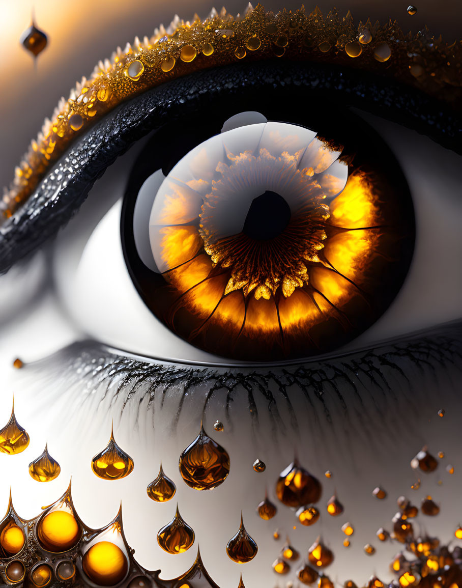 Eye with golden fiery iris and water droplets on soft-focus background