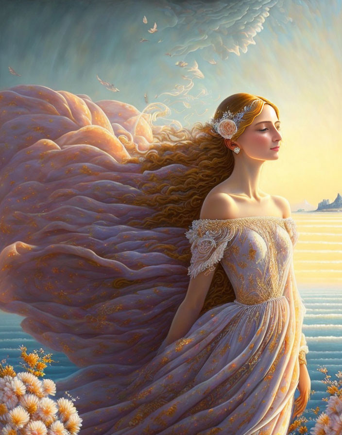 Ethereal woman with golden hair and cloud dress in sky-like scene.