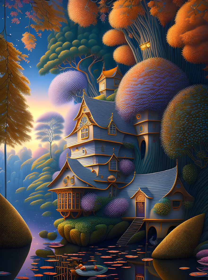 Fantasy treehouse illustration at sunset with water feature