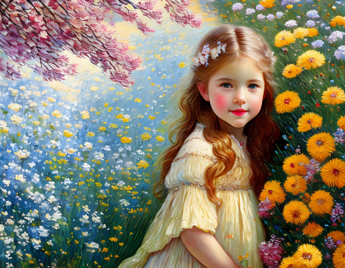 Young girl with long wavy hair in yellow dress surrounded by vibrant flowers under blossoming tree.