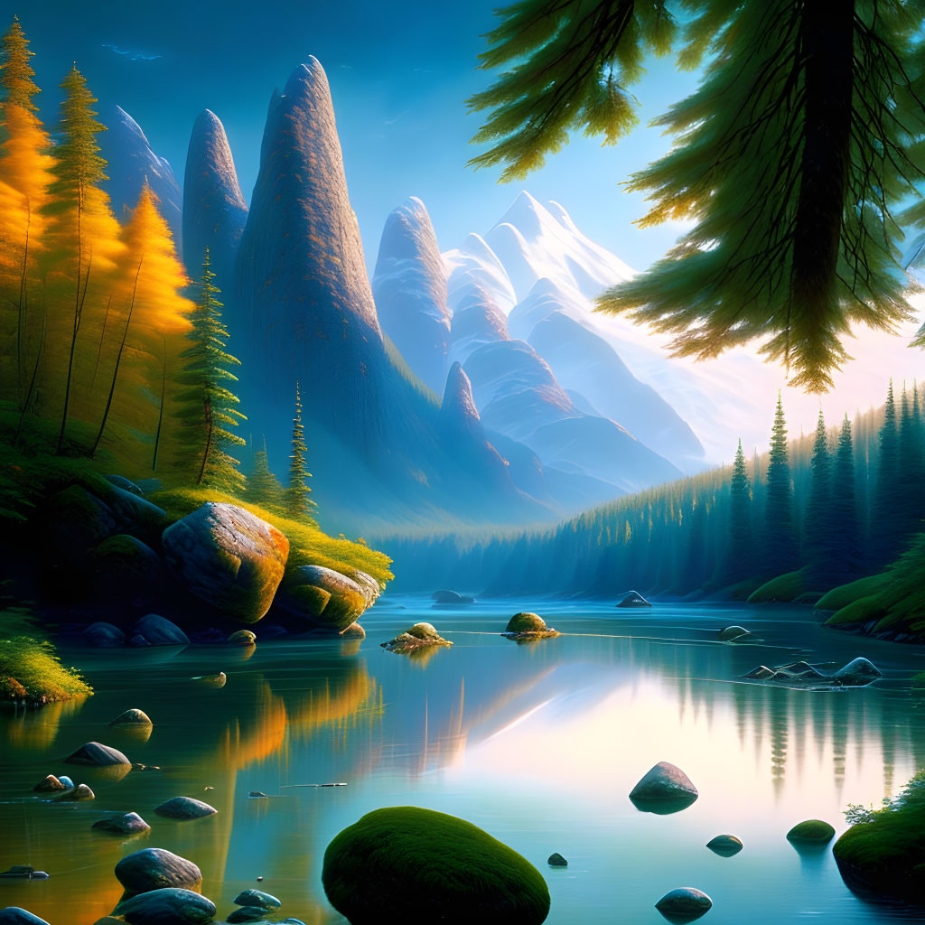 Tranquil forest scene with tall rock formations, river, and pine trees