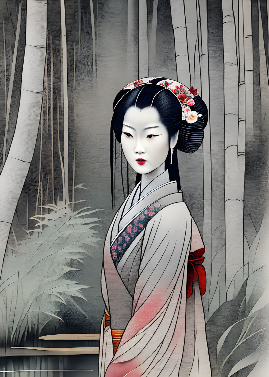 Geisha in traditional kimono and hairstyle in bamboo forest