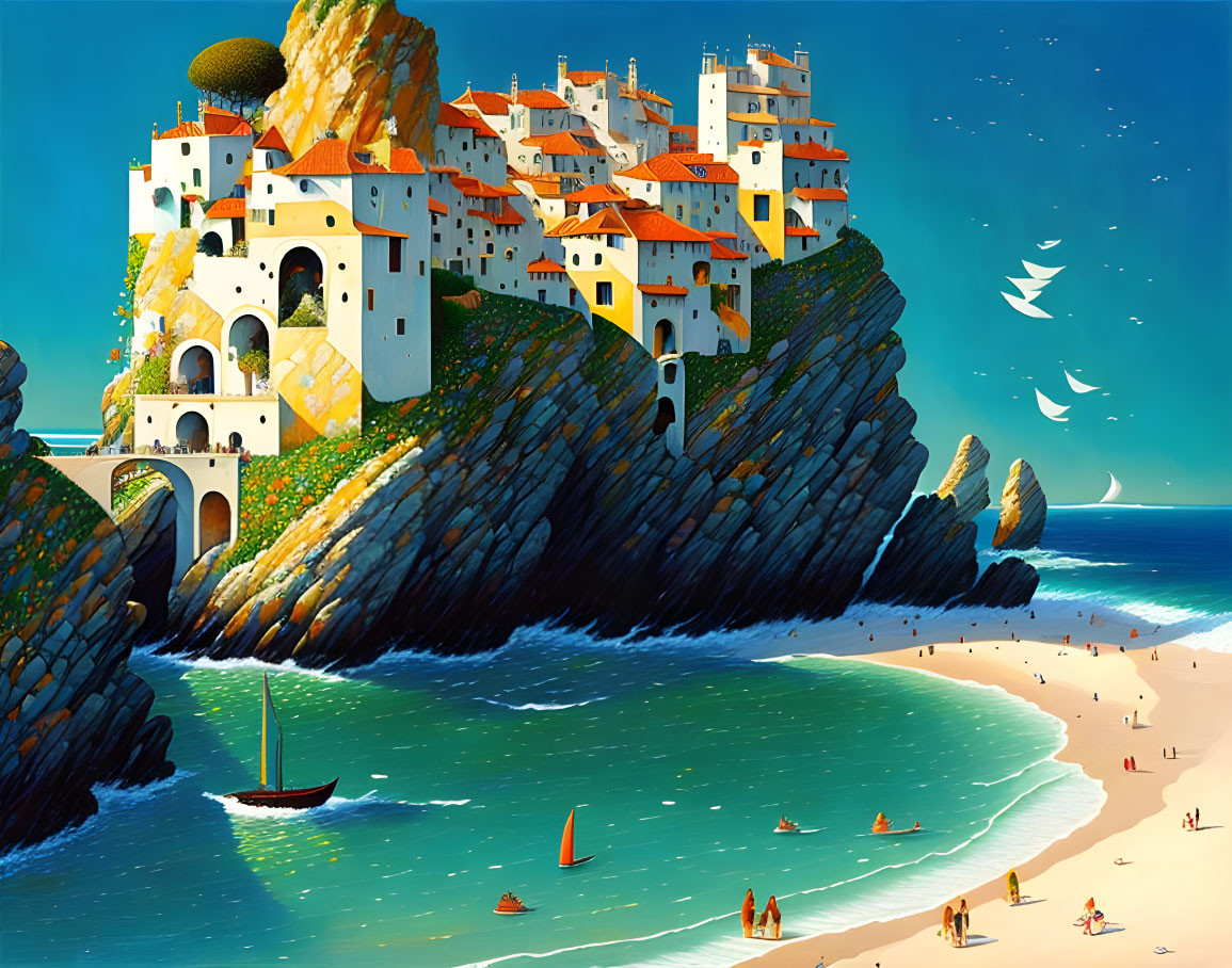 Vibrant coastal village scene with sailboat, beach, and seagulls