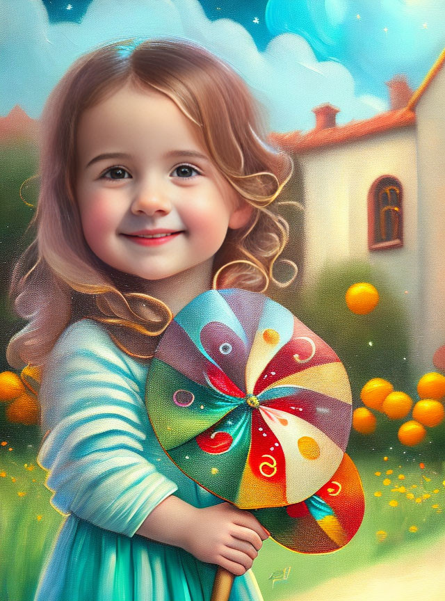 Young girl with curly hair holding a colorful pinwheel in sunny sky scene