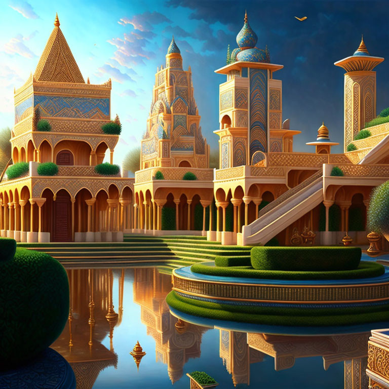 Ornate spires and blue-tiled domes of a fantastical palace reflected in serene water