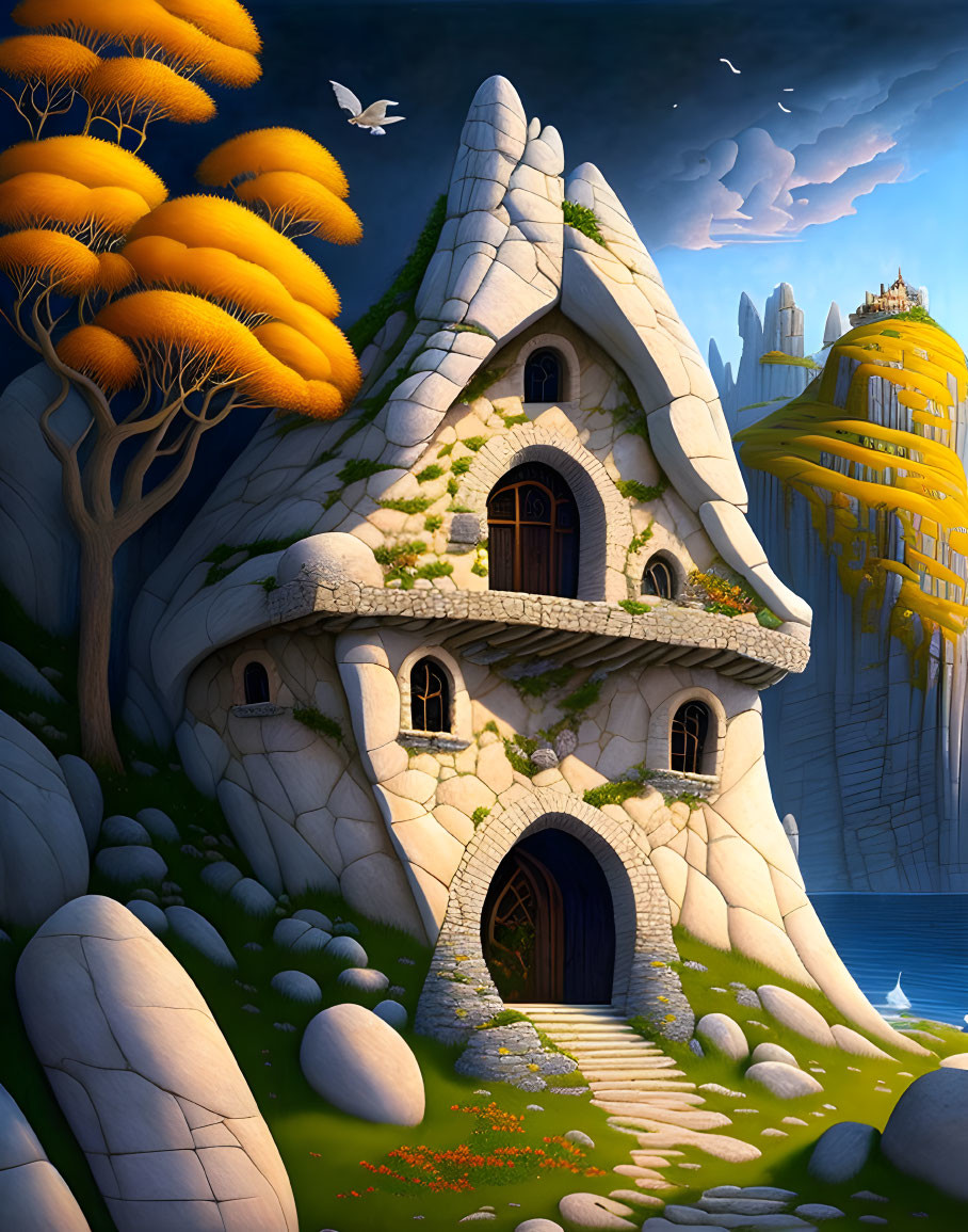 Illustration of whimsical stone house in vibrant autumn landscape