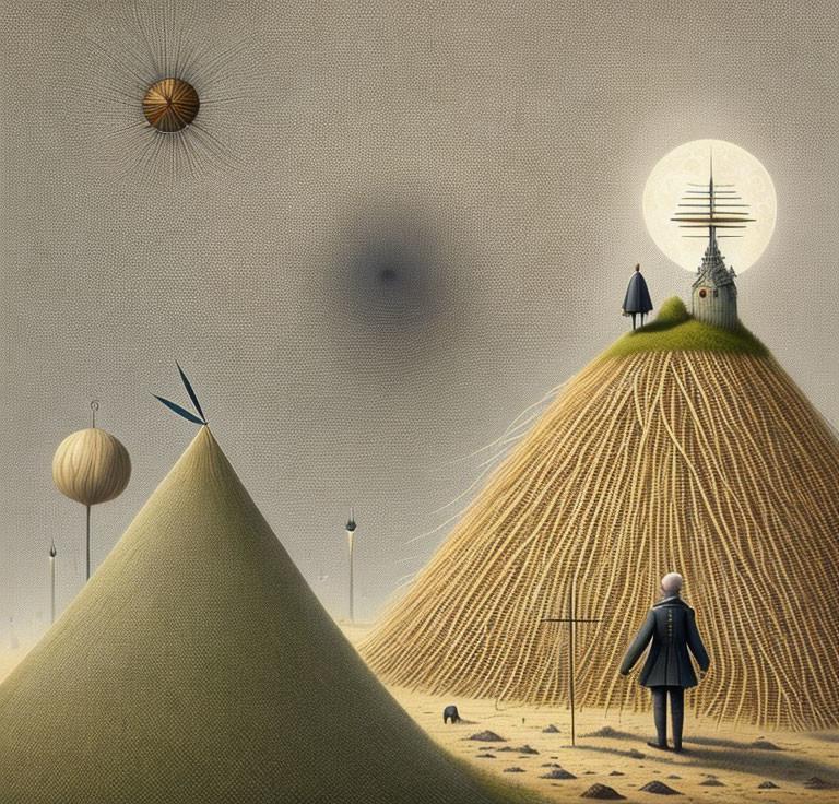 Surreal landscape with conical straw structures and floating orbs