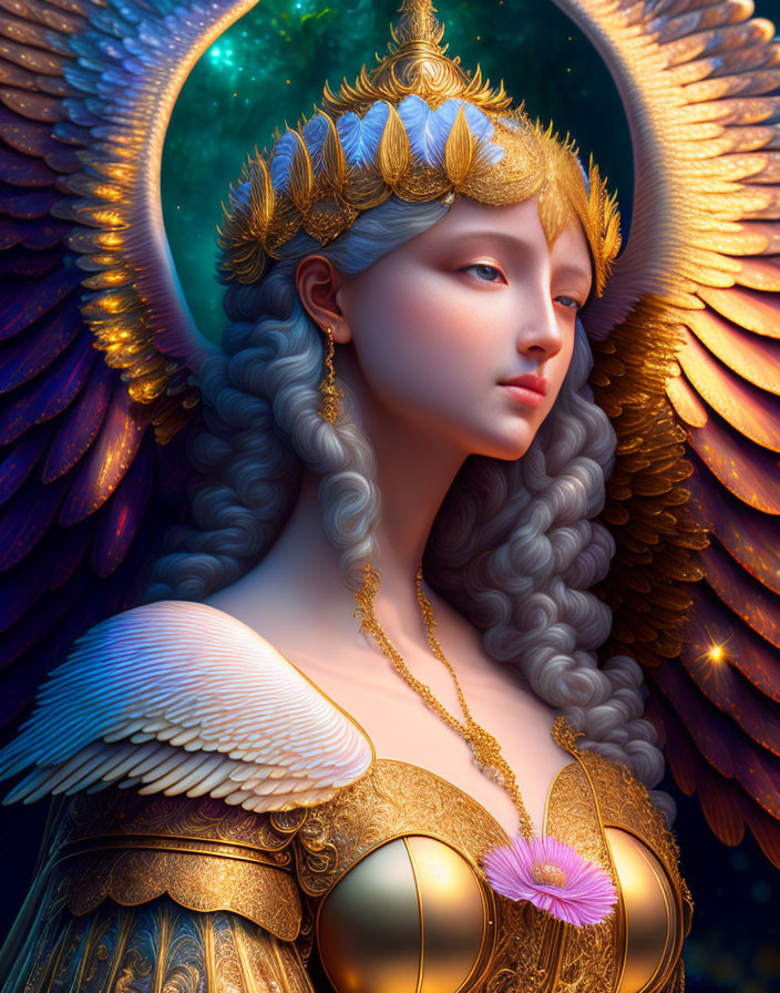 Regal female figure with golden laurel crown and angelic wings in ornate armor.