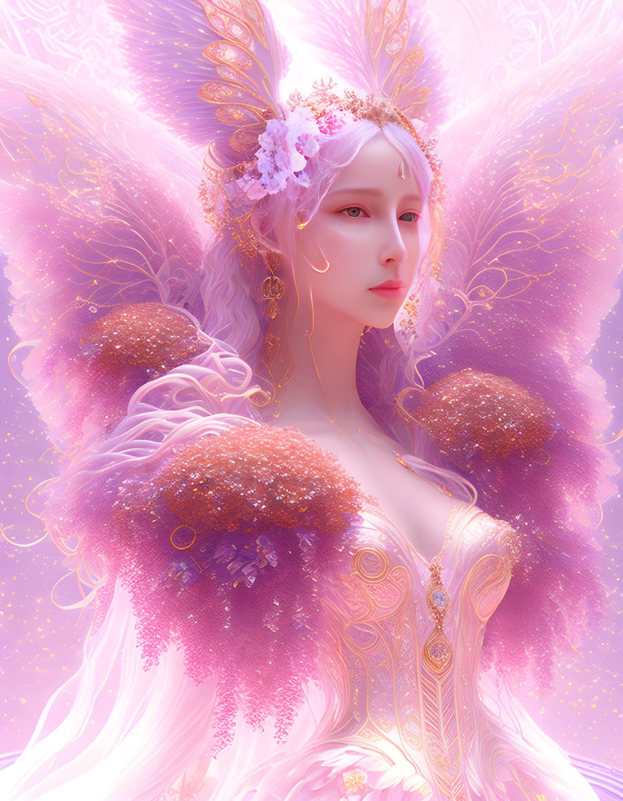 Ethereal figure with golden ornaments, floral crown, feathered wings, and soft pink aura