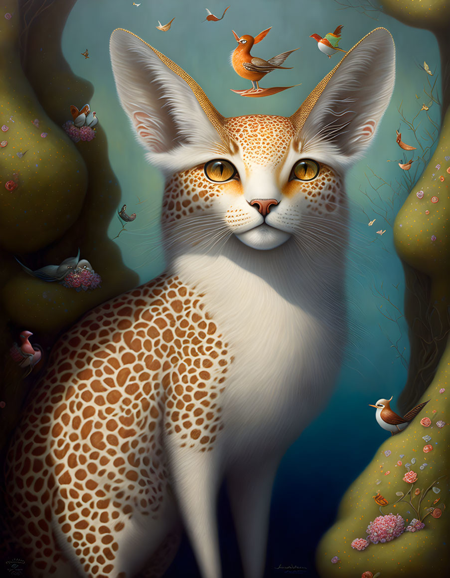 Whimsical painting of a stylized serval in a forest