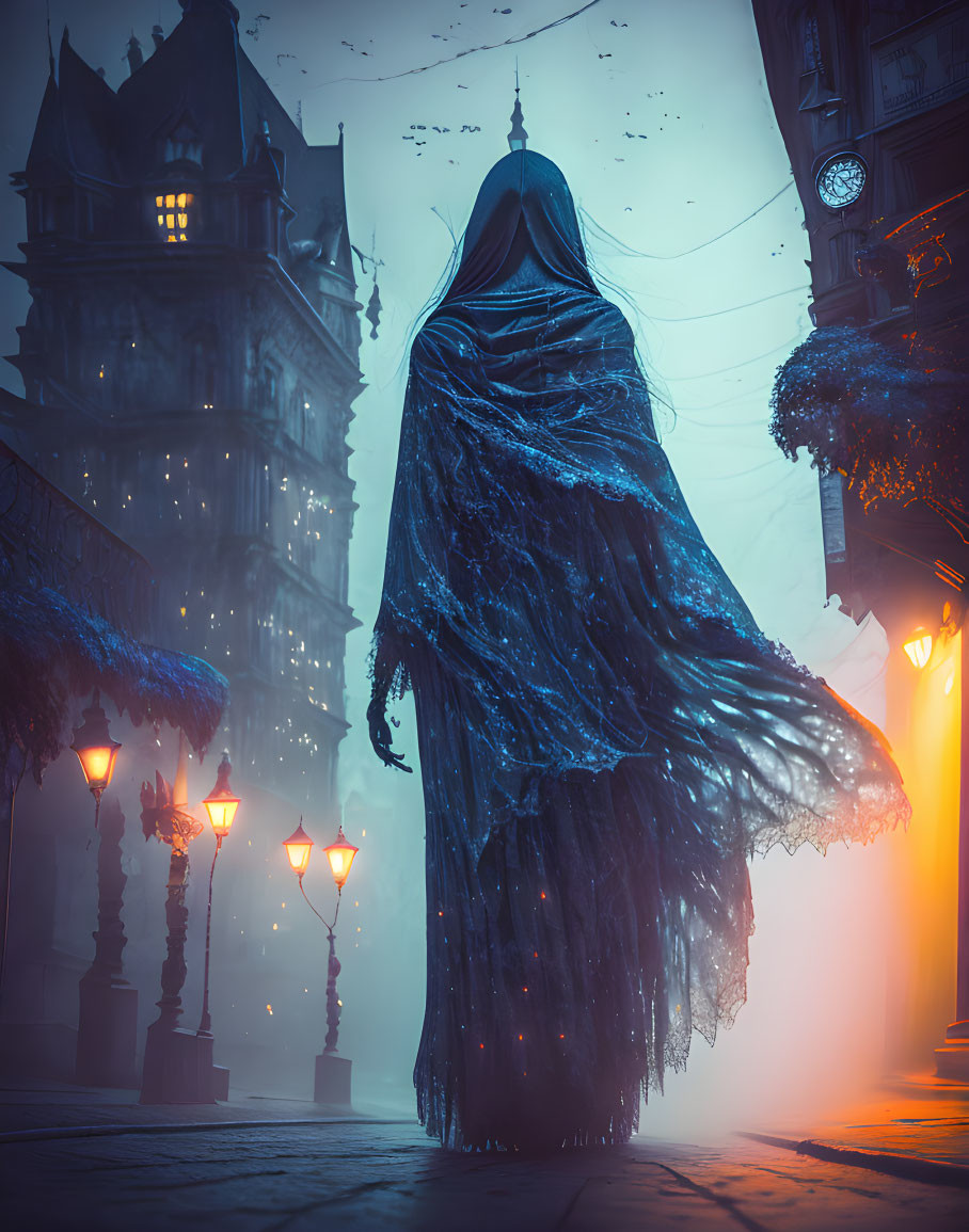 Spectral figure in tattered blue robes on misty cobblestone street