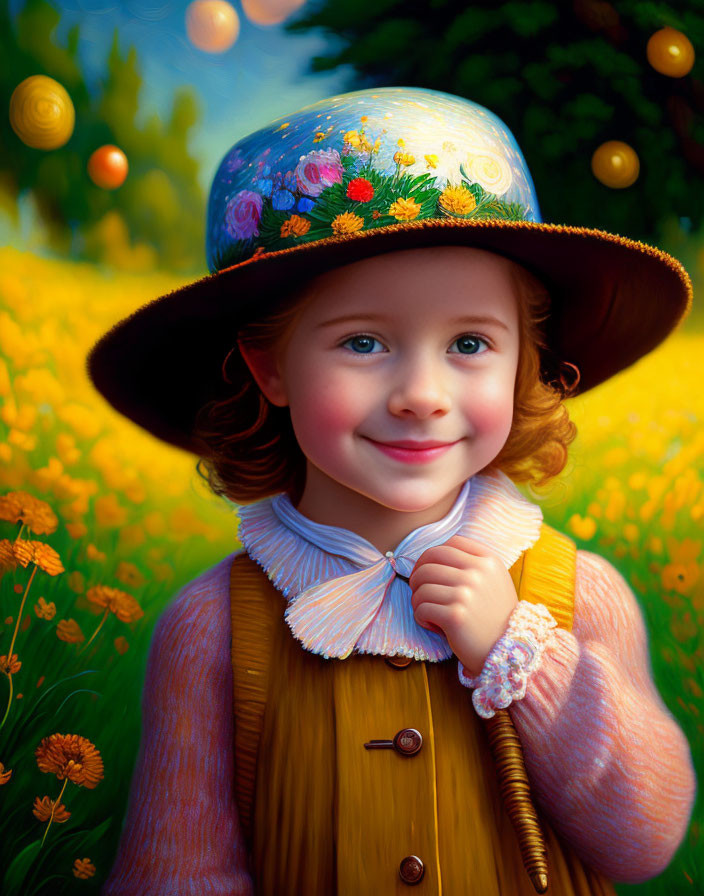 Young girl in flower hat and yellow dress in vibrant field