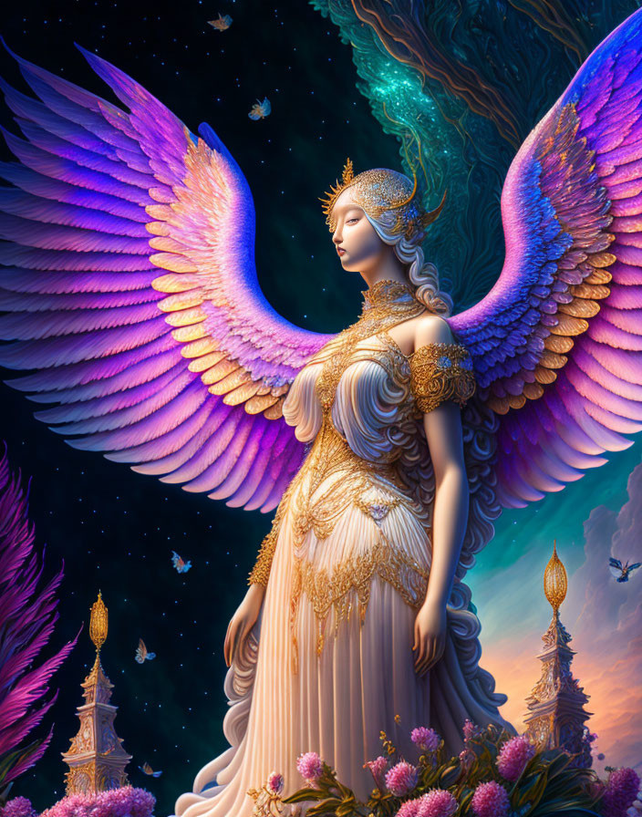 Majestic multicolored winged female figure in celestial attire