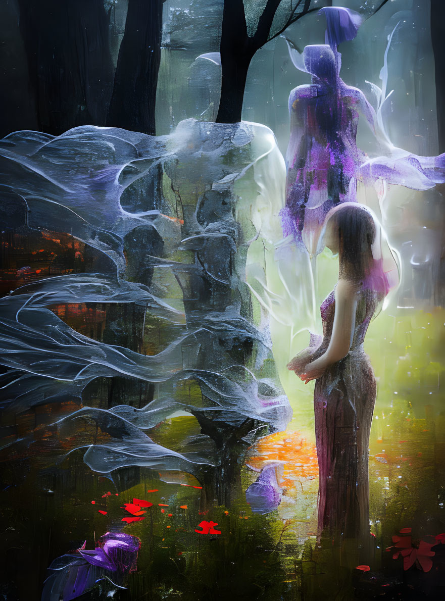 Woman observing ghostly figures in mystical forest scene