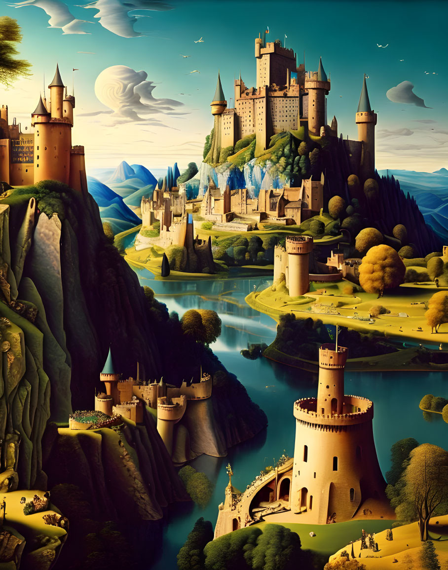 Fantastical landscape with multiple castles, rivers, and cliffs on verdant hills