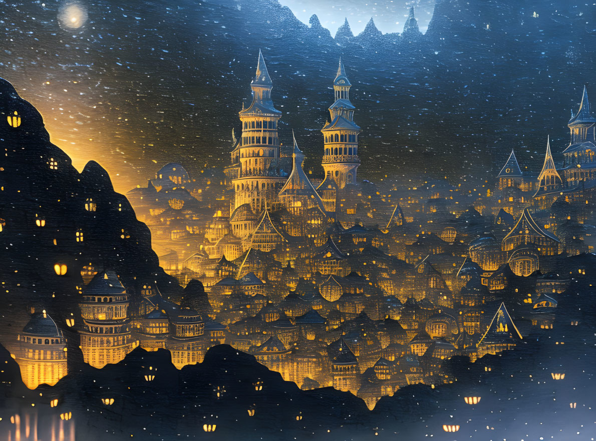 Enchanting fantasy mountain city at night with illuminated buildings and snowfall