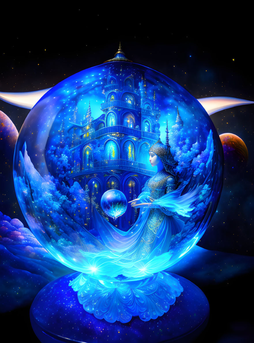 Mystical sphere with grand castle, shimmering towers, and ethereal woman surrounded by stars