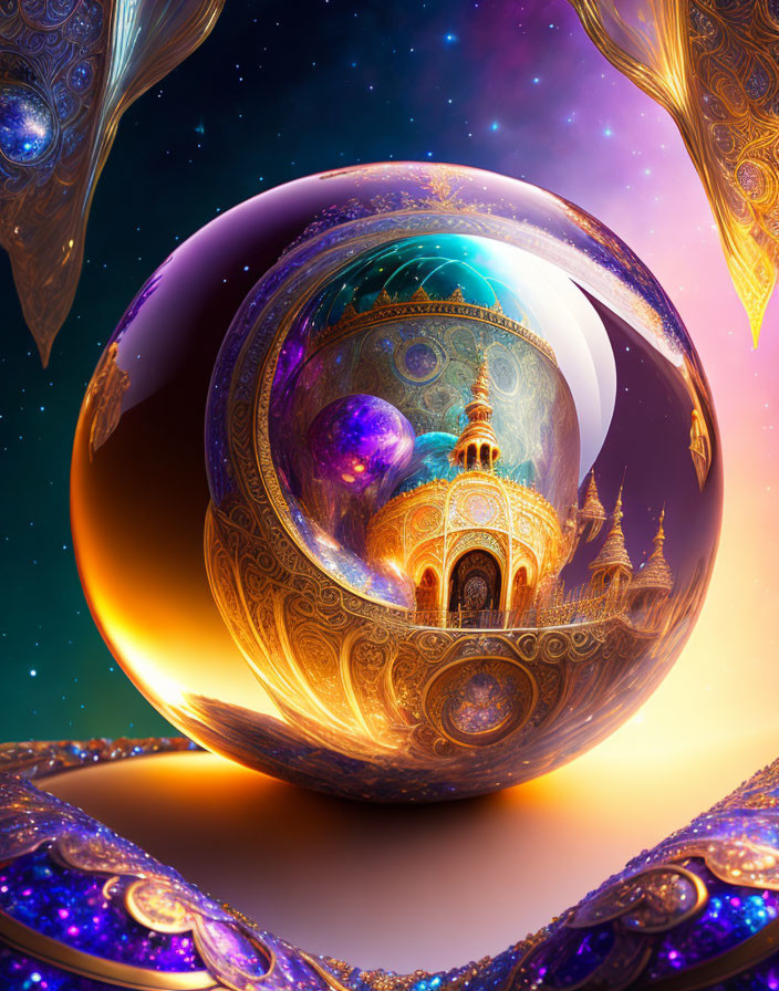 Reflective glossy sphere showcasing ornate palace with arabesque patterns under cosmic sky