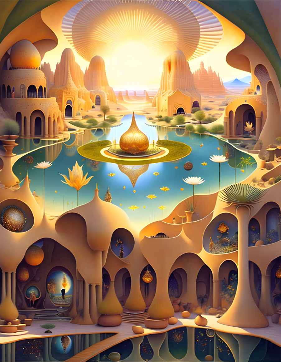 Fantastical landscape with golden-domed buildings and serene blue lake