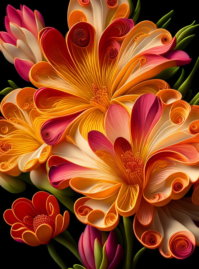 Colorful Paper Art: Intricate Flower Petals in Orange, Red, and Pink on Dark Background