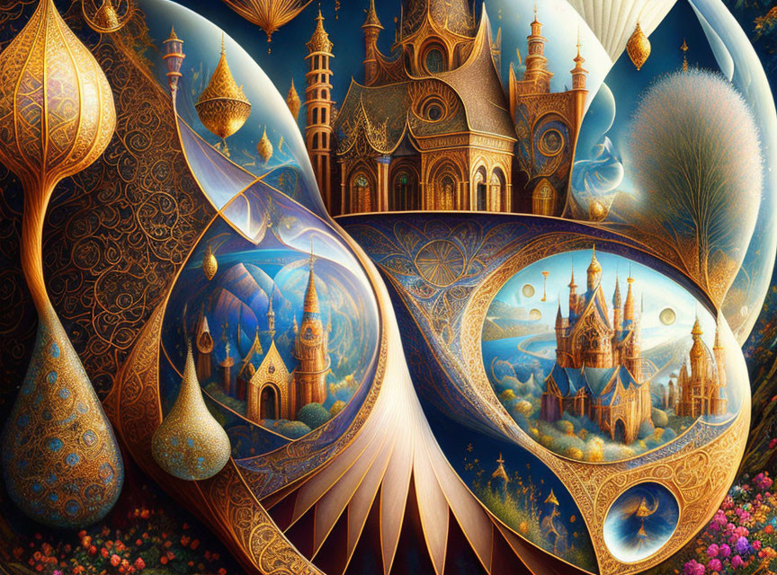 Fantasy artwork: Vibrant, intricate castle buildings in whimsical environment