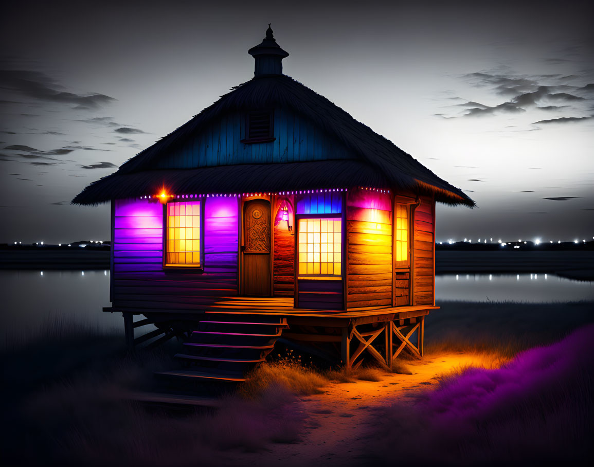 Illuminated cabin on stilts by water at dusk with purple and yellow lights