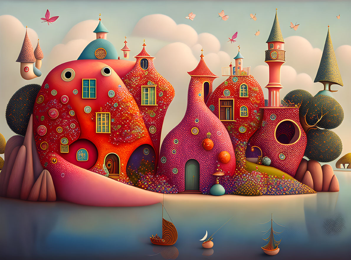 Colorful Mushroom Houses in Whimsical Landscape