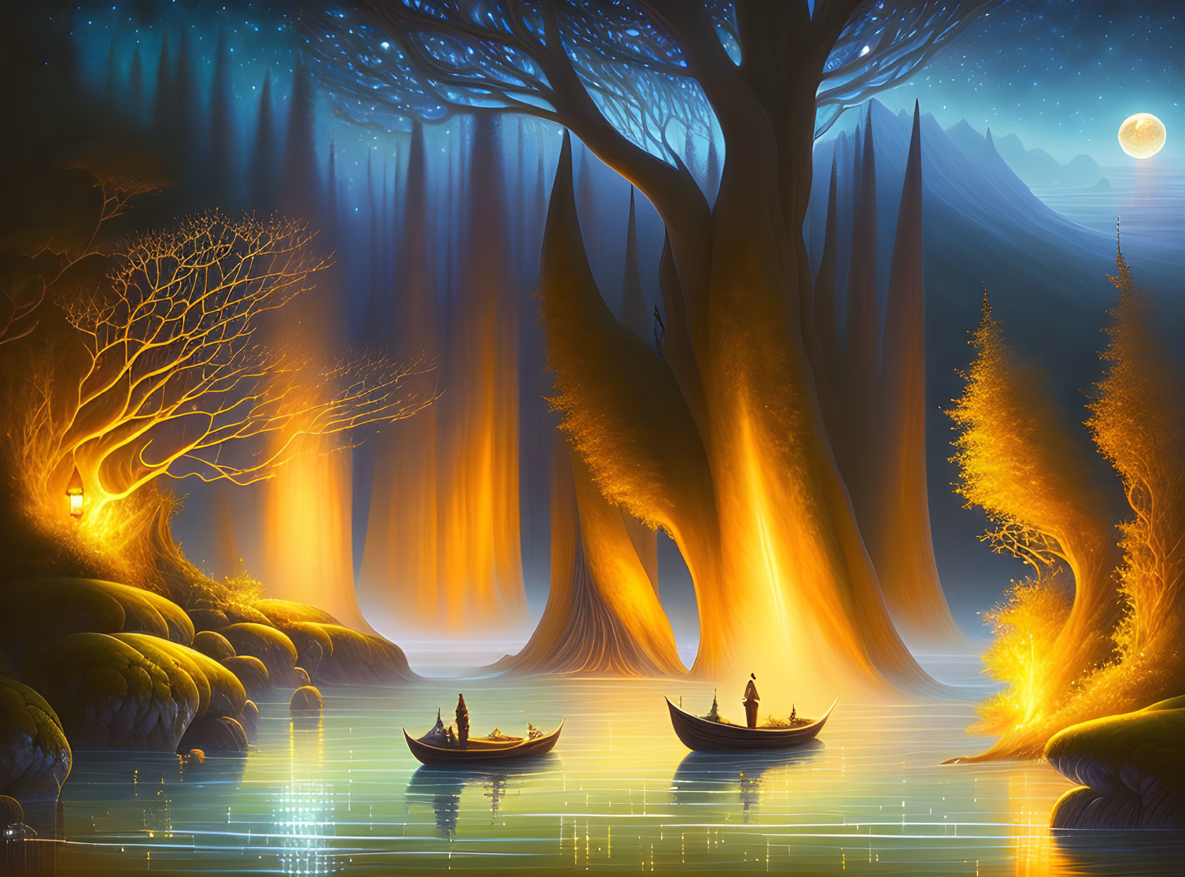 Luminous Trees in Mystical Forest with Rowing Boats at Night