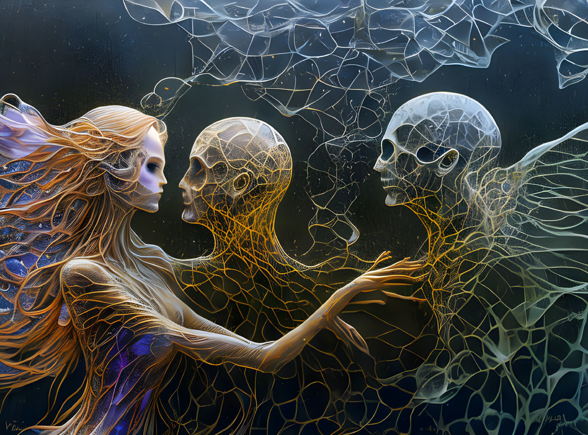 Surreal digital painting of woman with flowing hair and ghostlike figures in blue and gold.