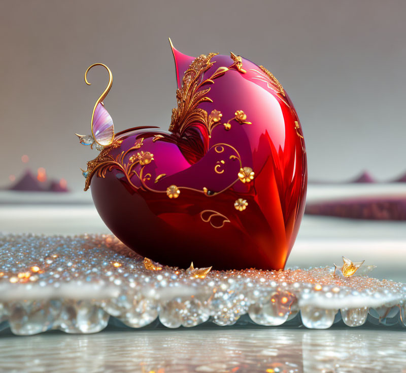 Red heart with golden accents and butterfly on crystal surface.