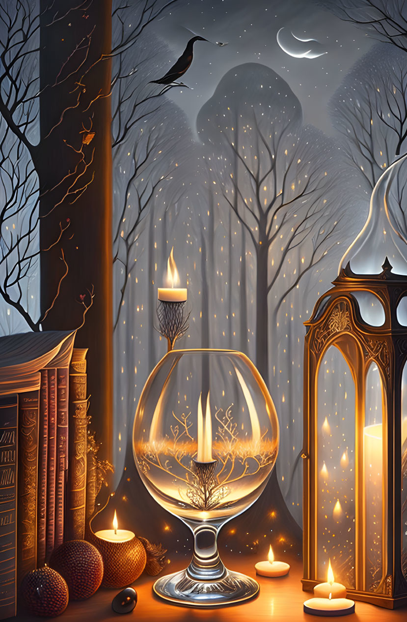 Whimsical art featuring tree, books, candles, lantern, forest, and crescent moon