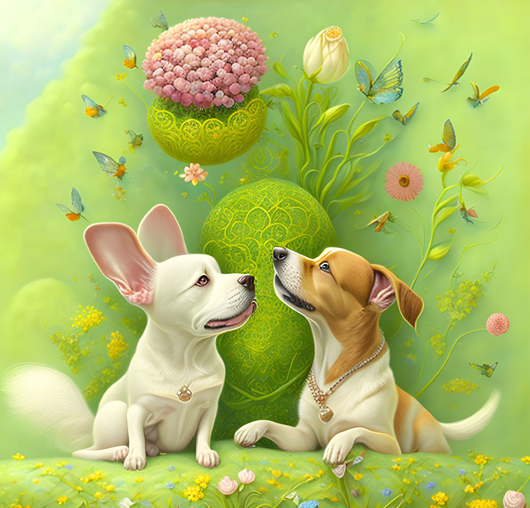 Cartoon dogs surrounded by flowers and butterflies on green backdrop