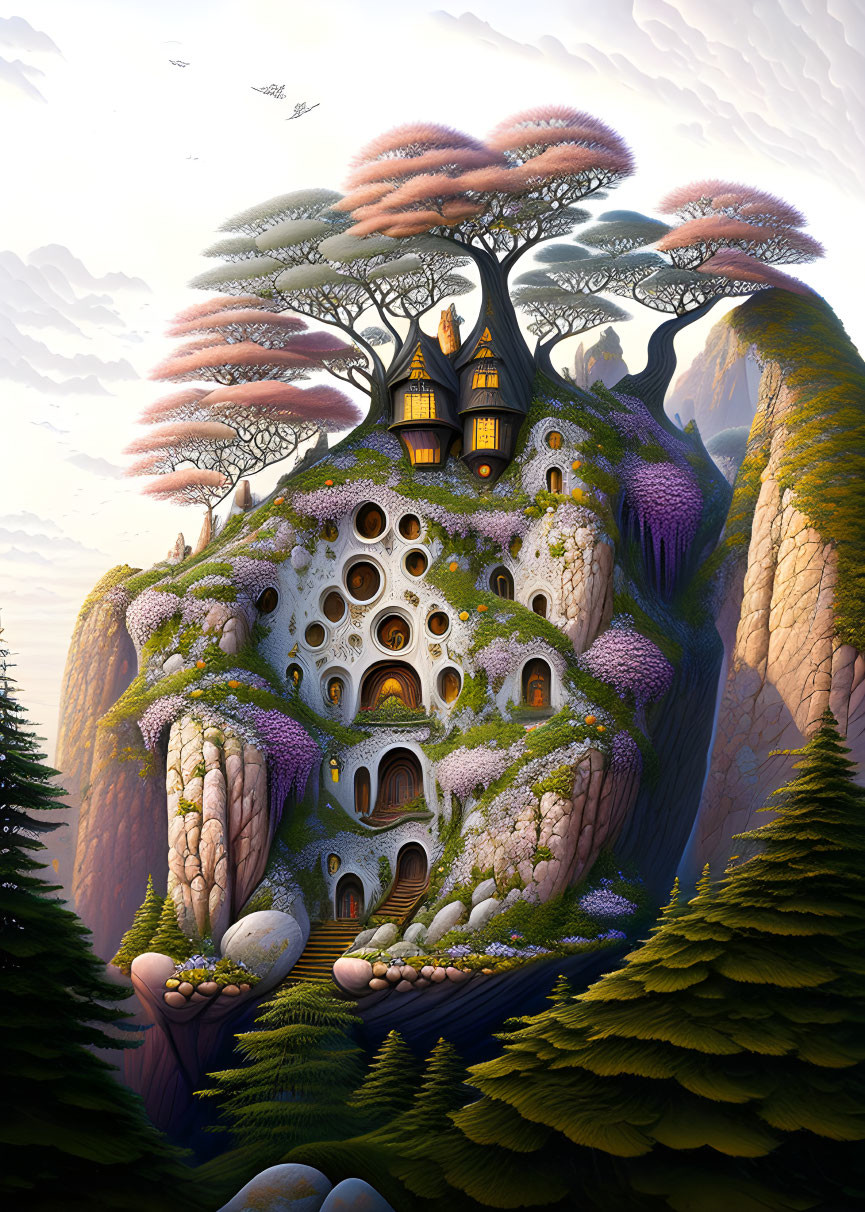 Fantastical treehouse illustration with circular windows and cliff-side setting