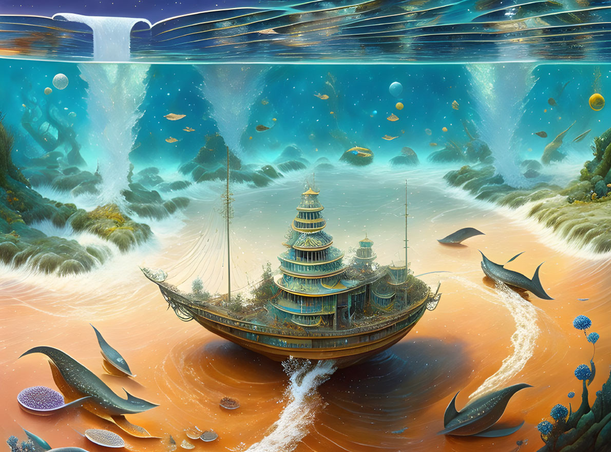 Vibrant underwater scene with multi-tiered ship and exotic marine life