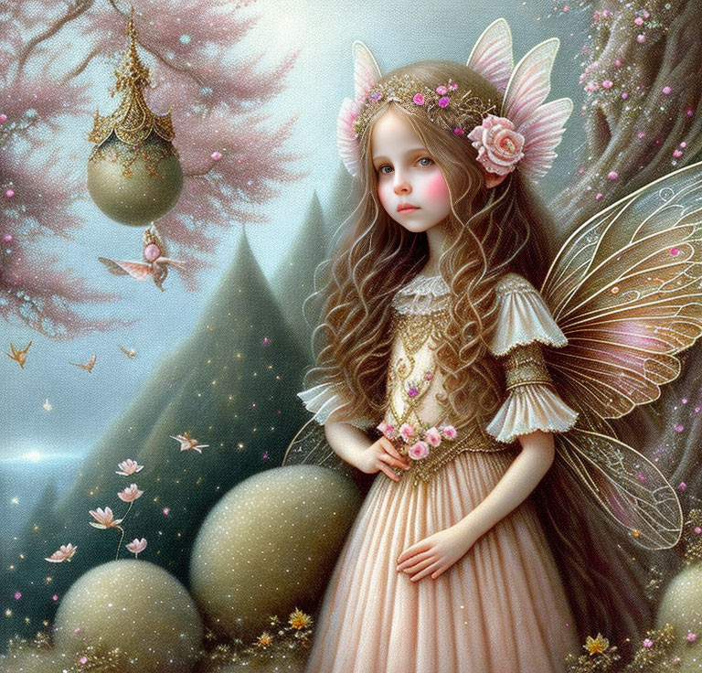 Fairy girl with delicate wings in pink dress among magical setting