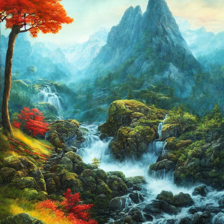 Scenic landscape with waterfalls, rocky terrains, autumn trees, and mountain peaks