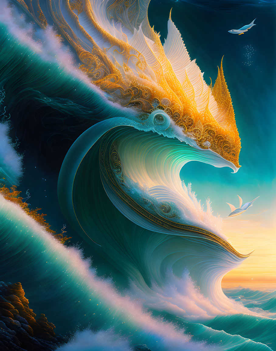 Golden dragon-shaped waves and birds in surreal sea scene