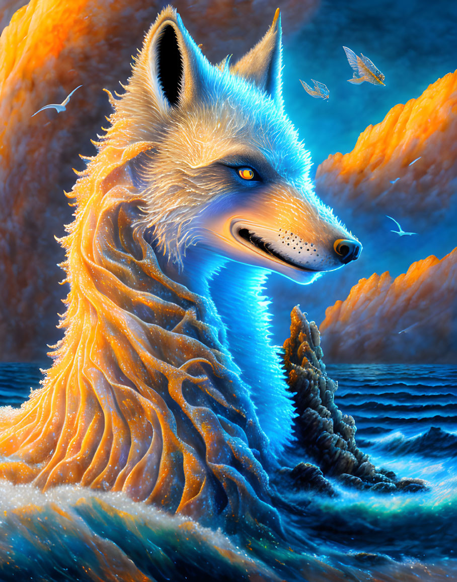 Majestic wolf sea creature in ocean landscape with cliffs and glowing sky.