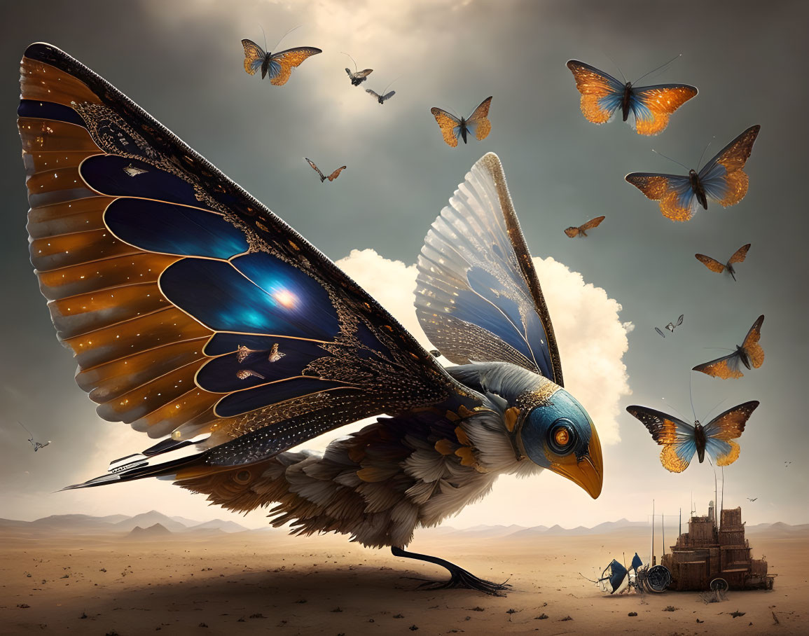 Giant blue and orange butterfly in desert with small castle and other butterflies