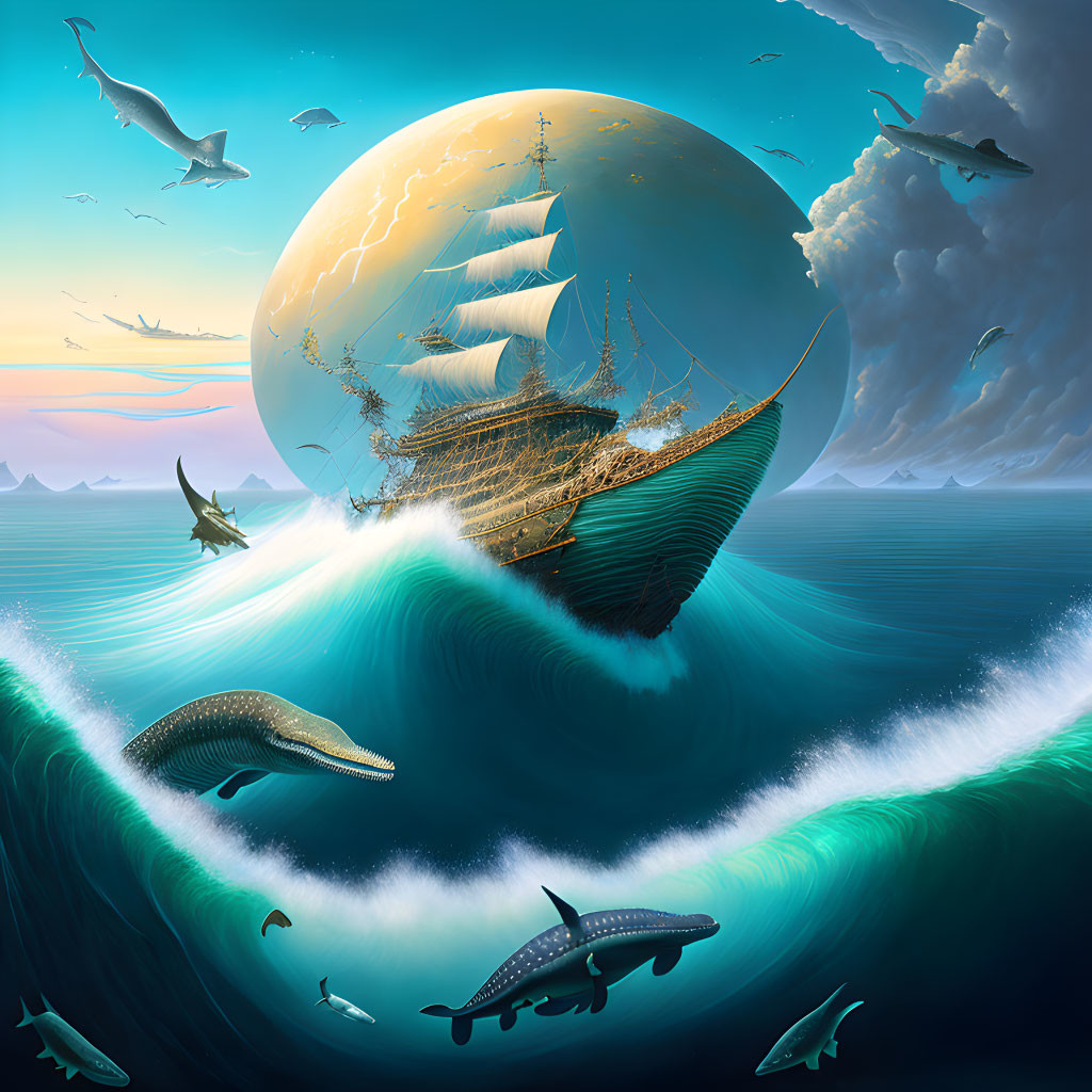 Surreal seascape with ship, marine creatures, oversized moon, twilight sky